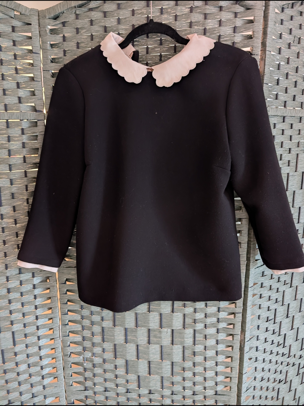 Sezane Black Top with Cream Scalloped Collar